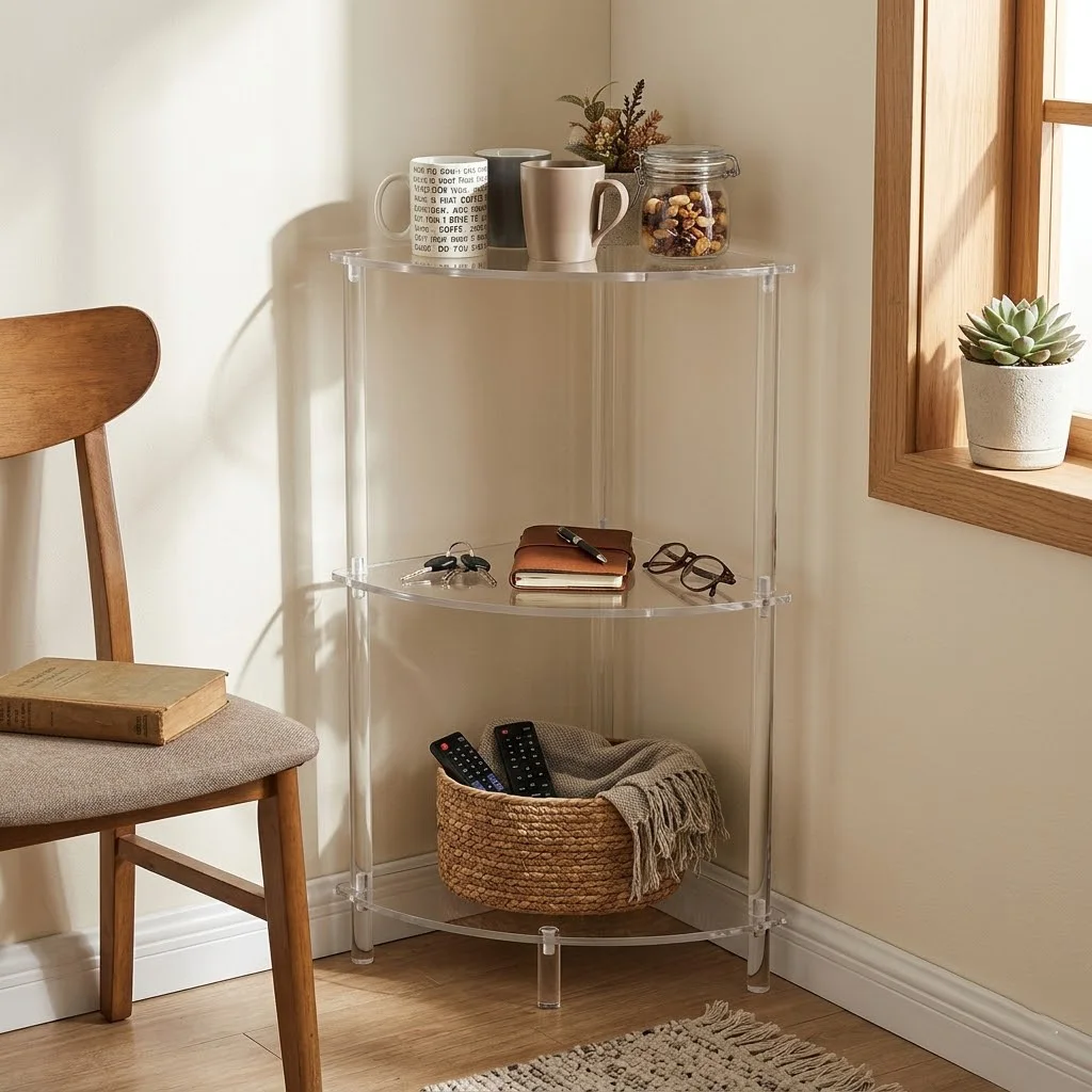 Acrylic Corner Side Table, 3-Tier Clear Triangle End Table for Small Spaces, 26" Tall Nightstand & Bathroom Floor Shelf, Modern
Acrylic Corner Side Table, 3-Tier Clear Triangle End Table for Small Spaces, 26" Tall Nightstand & Bathroom Floor Shelf, Modern