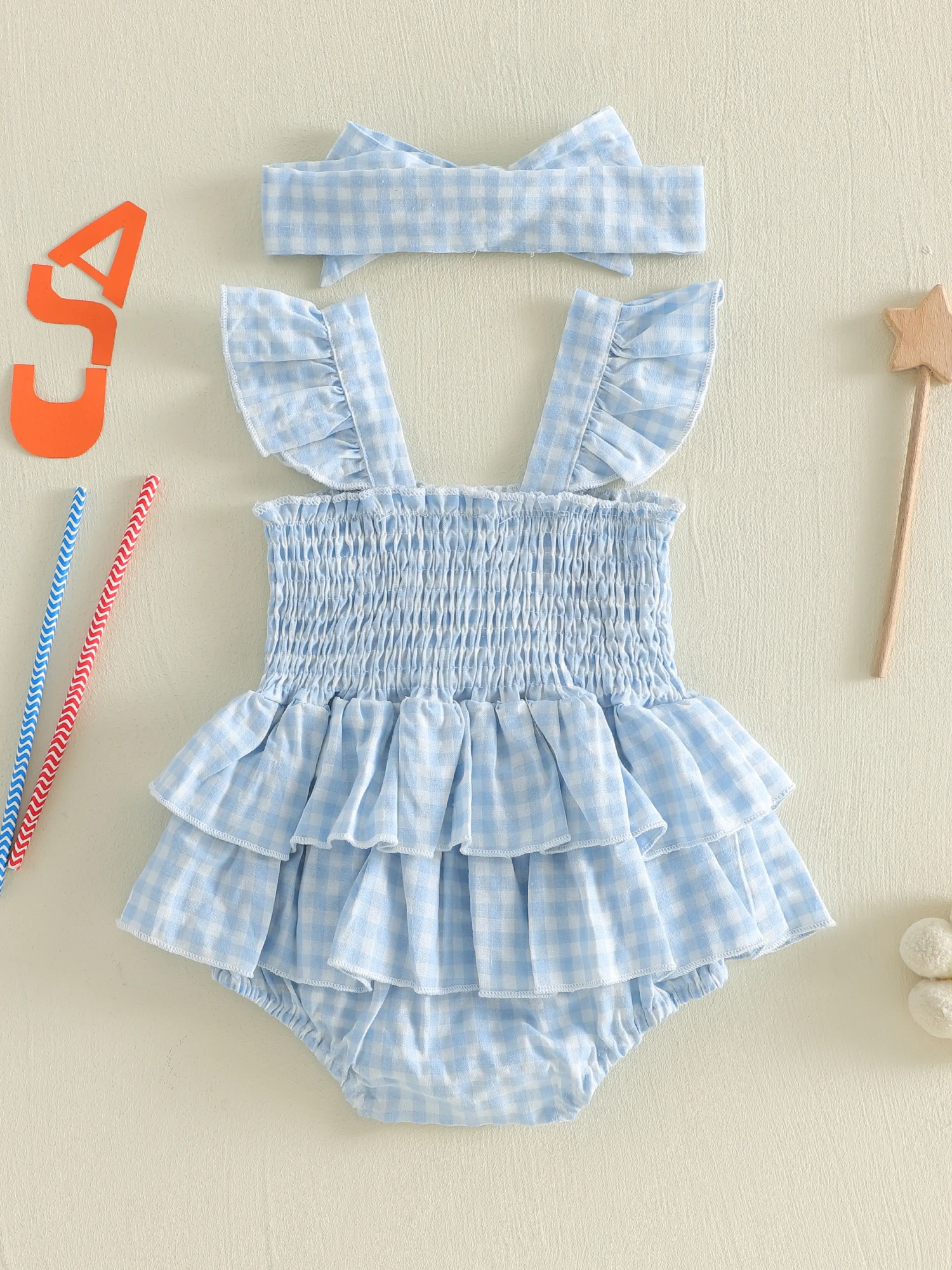 Independence Day Baby Girls Rompers with Patriotic Letter Embroidery Plaid Design Square Neck and Fly Sleeve - Includes
Independence Day Baby Girls Rompers with Patriotic Letter Embroidery Plaid Design Square Neck and Fly Sleeve - Includes