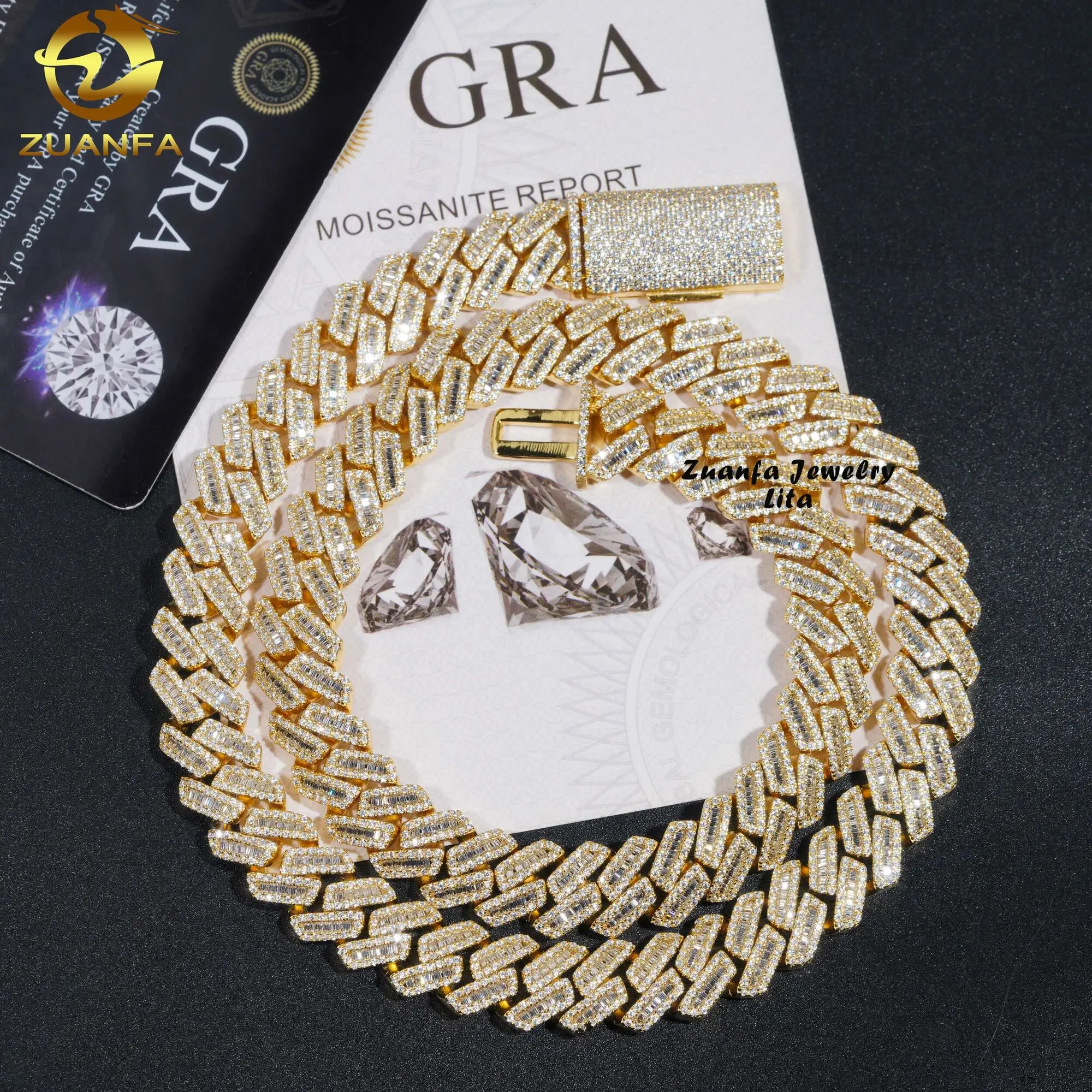Hip Hop New Style Iced Out Silver 12MM Width Baguette Moissanite Diamond 18k Gold Plated Cuban Link Chain
Hip Hop New Style Iced Out Silver 12MM Width Baguette Moissanite Diamond 18k Gold Plated Cuban Link Chain