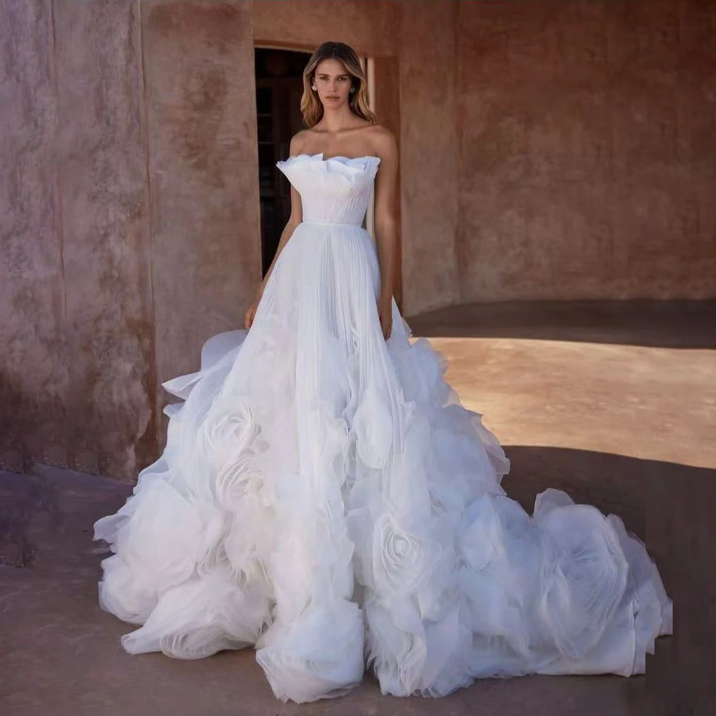 Pure White Bridal Dresses Strapless Floor Length Ruffled Prom Gowns Off Shoulder Maxi Dress Flower Designs Organza Lush Puffy
Pure White Bridal Dresses Strapless Floor Length Ruffled Prom Gowns Off Shoulder Maxi Dress Flower Designs Organza Lush Puffy