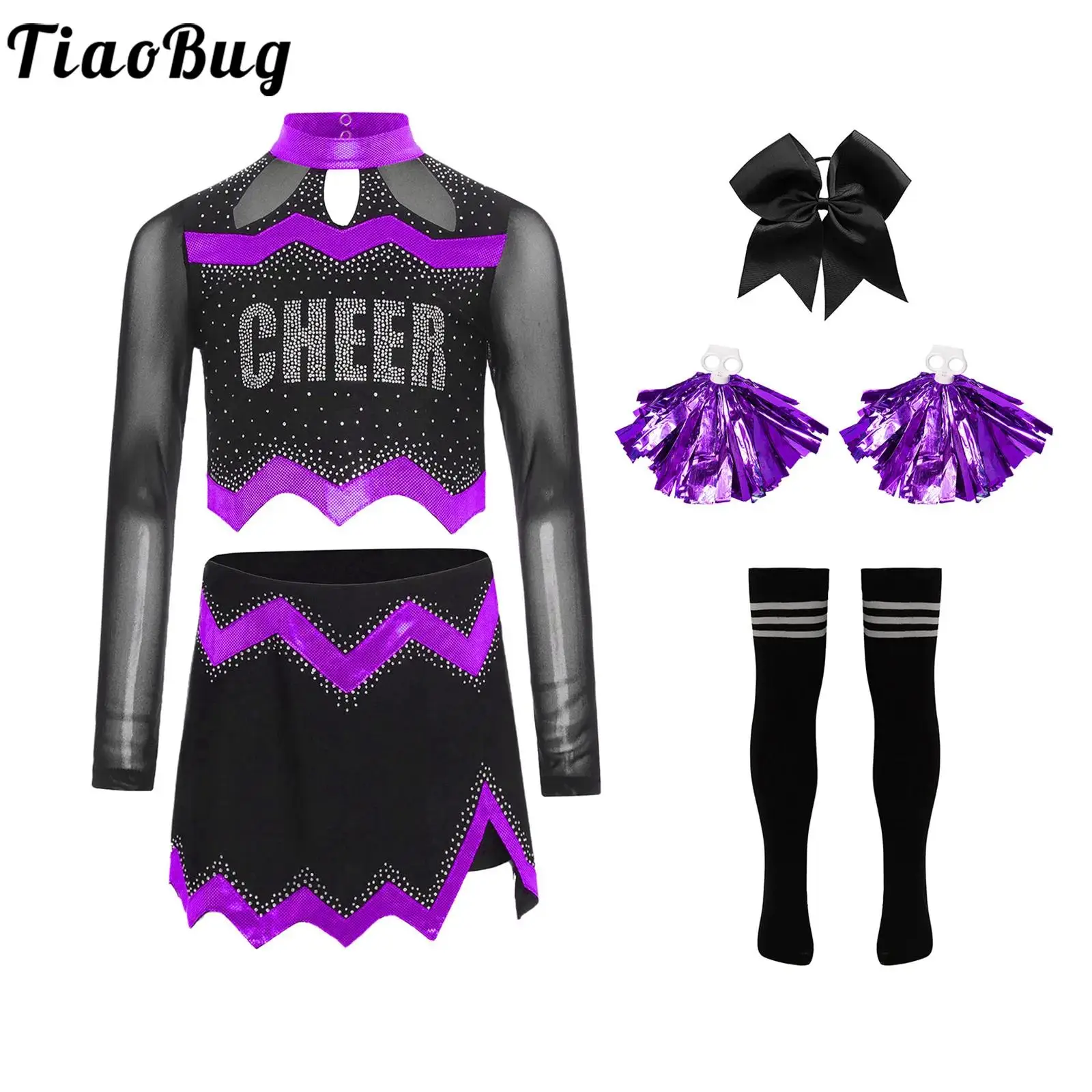 Girls Cheerleader Costume Cheer Uniform Dance Halloween Sets Long Sleeve Rhinestone Crop Top Dance Skirt Socks Hand Flowers
Girls Cheerleader Costume Cheer Uniform Dance Halloween Sets Long Sleeve Rhinestone Crop Top Dance Skirt Socks Hand Flowers