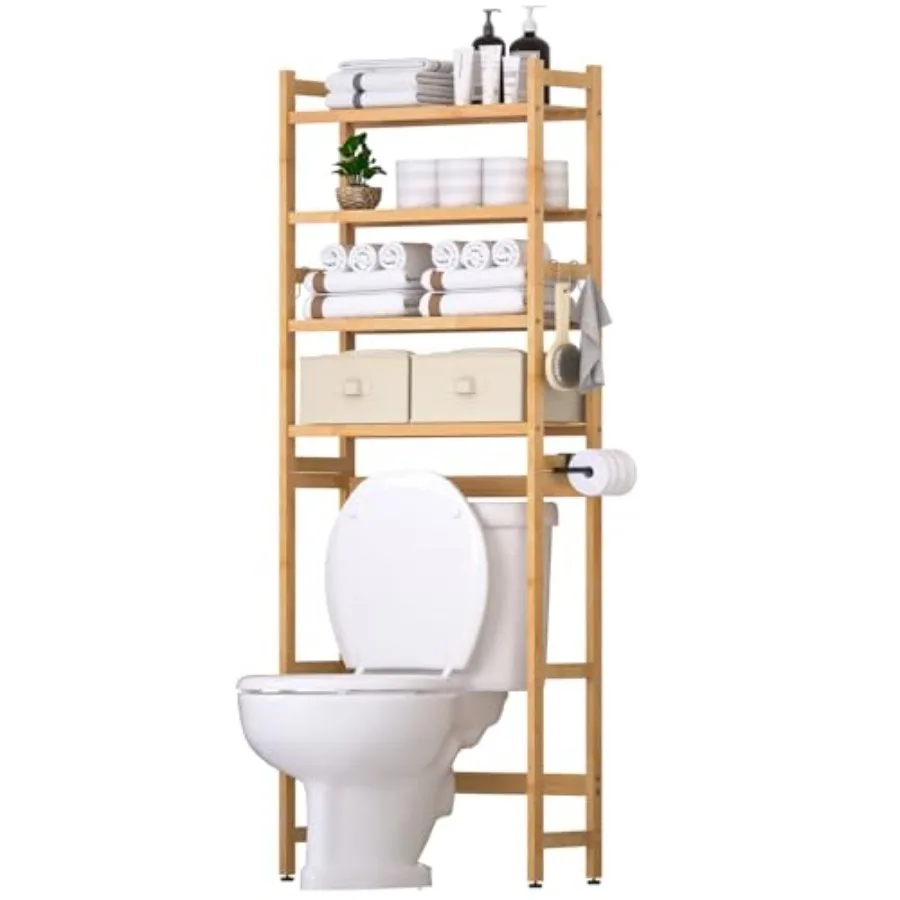 Over The Toilet Storage: 4-Tier Bamboo Organizer Rack with 2 Baskets and Paper Holder and 4 Hooks and Waterproof Feet Pad, Adju
Over The Toilet Storage: 4-Tier Bamboo Organizer Rack with 2 Baskets and Paper Holder and 4 Hooks and Waterproof Feet Pad, Adju