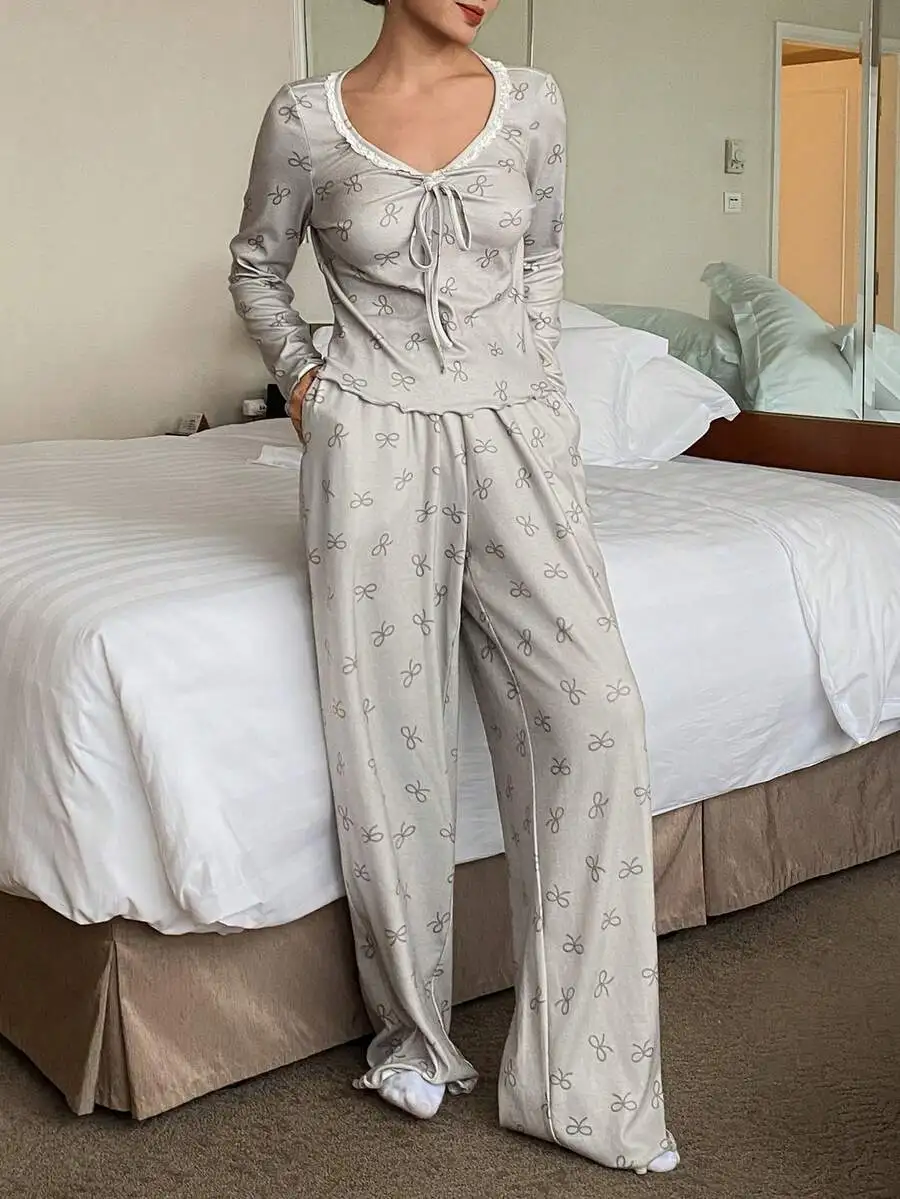 Lace Trim Bow Print Ruched Pajama Set Sweet Sleepwear For Women
Lace Trim Bow Print Ruched Pajama Set Sweet Sleepwear For Women