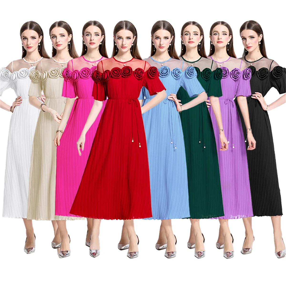 Solid Mesh Splice Luxury Runway Pleated Midi Dress For Women O Neck Short Sleeve 3D Flower Elegant Temperament Dress Female
Solid Mesh Splice Luxury Runway Pleated Midi Dress For Women O Neck Short Sleeve 3D Flower Elegant Temperament Dress Female