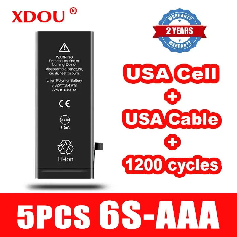 5pcs XDOU Battery For IPhone 6S 1810mAh Replacement Repair USA Cell USA Cable 1200 Times Cycles For IPhone6S 2024 AAA
5pcs XDOU Battery For IPhone 6S 1810mAh Replacement Repair USA Cell USA Cable 1200 Times Cycles For IPhone6S 2024 AAA