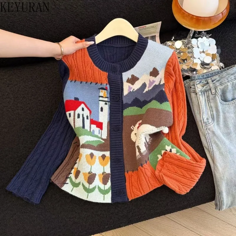 Retro Scenic Splice Knitted Sweater Cardigan Women New Autumn Winter Round Neck Twist Cartoon Pattern Casual Loose Fit Knitwears
Retro Scenic Splice Knitted Sweater Cardigan Women New Autumn Winter Round Neck Twist Cartoon Pattern Casual Loose Fit Knitwears