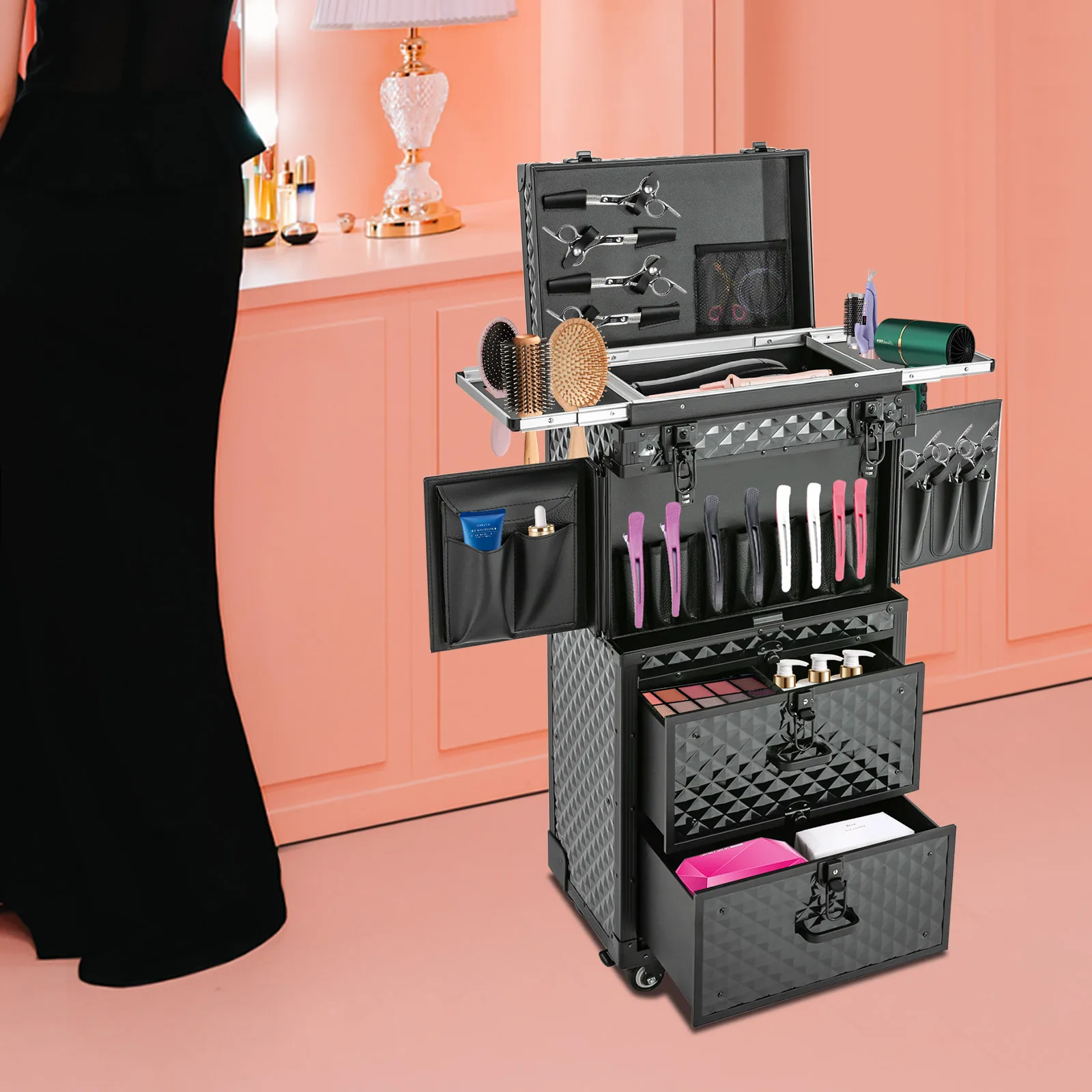 Lockable Rolling Professional Makeup Train Case, 4 Layers Multi-Layer Storage, Secure Locks, Stylish Black Design
Lockable Rolling Professional Makeup Train Case, 4 Layers Multi-Layer Storage, Secure Locks, Stylish Black Design
