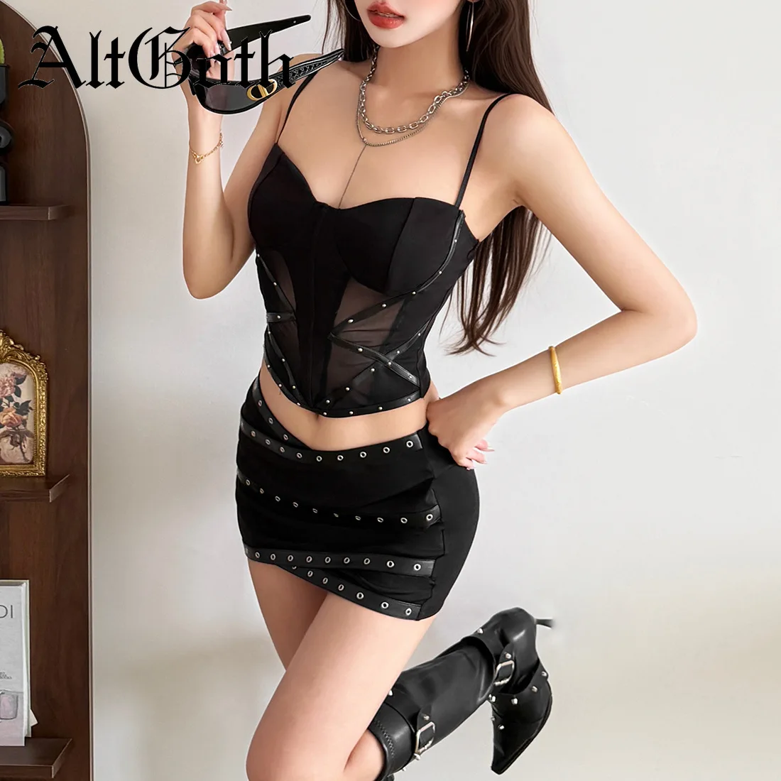 AltGoth Nightclub Sexy 2 Piece Suit Women Dark Gothic Streetwear Cyber Punk See Through Eyelet Patchwork Camis Slim Skirt Sests
AltGoth Nightclub Sexy 2 Piece Suit Women Dark Gothic Streetwear Cyber Punk See Through Eyelet Patchwork Camis Slim Skirt Sests