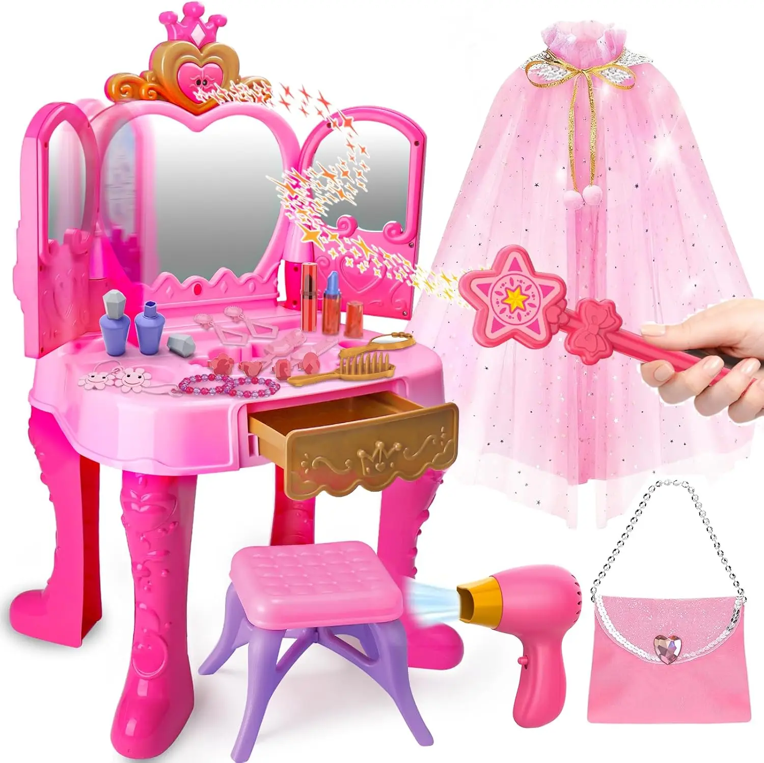 Magic Makeup Vanity Table & Chair Set for Girls with Light & Music, Pretend Play Toy
Magic Makeup Vanity Table & Chair Set for Girls with Light & Music, Pretend Play Toy