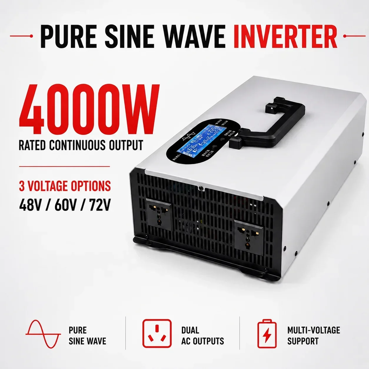 4000W (48V 60V 72V DC to 120V/220V AC) Tri-Voltage Pure Sine Wave Inverter for RV Truck Solar Home Off-Grid, peak power 8000W.
4000W (48V 60V 72V DC to 120V/220V AC) Tri-Voltage Pure Sine Wave Inverter for RV Truck Solar Home Off-Grid, peak power 8000W.