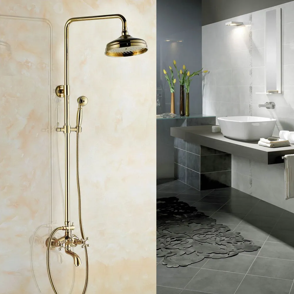 Gold Color Brass Wall Mount 8 inch Bathroom Shower Faucet Mixer Taps Dual Handle with Hand Held Shower zgf441
Gold Color Brass Wall Mount 8 inch Bathroom Shower Faucet Mixer Taps Dual Handle with Hand Held Shower zgf441