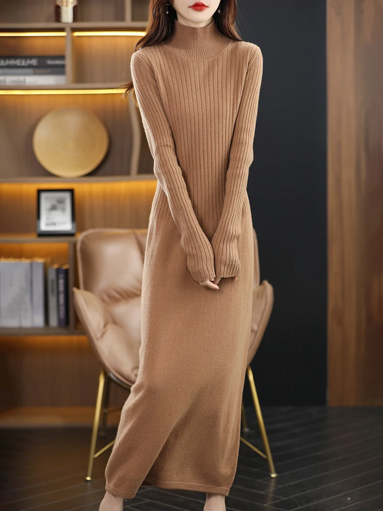 100% Wool Knit Dress Ladies Turtleneck Autumn Winter Knee-length Long Skirt Fashion Tight Tops Long dress Solid color Sweater
100% Wool Knit Dress Ladies Turtleneck Autumn Winter Knee-length Long Skirt Fashion Tight Tops Long dress Solid color Sweater