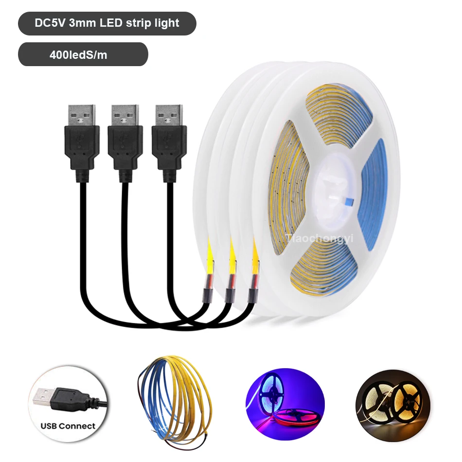 5V 3mm PCB COB LED Strip USB Light 400LEDs/m Red Green Blue white Yellow High Density Linear Lighting Flexible Led Tape Lamp
5V 3mm PCB COB LED Strip USB Light 400LEDs/m Red Green Blue white Yellow High Density Linear Lighting Flexible Led Tape Lamp