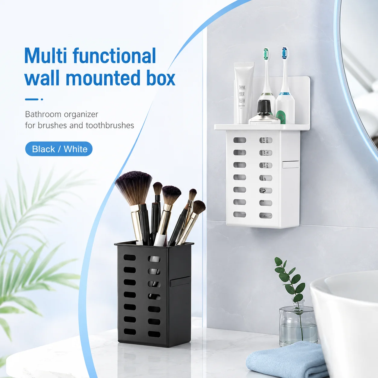 1PC Wall Mounted Storage Box Multi Functional Bathroom Organizer Basket Toothbrush Holder Makeup Brush Cup Shelf Black White
1PC Wall Mounted Storage Box Multi Functional Bathroom Organizer Basket Toothbrush Holder Makeup Brush Cup Shelf Black White