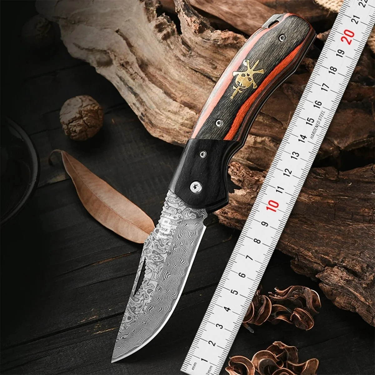 Damascus Steel Folding Knife, Pirate Logo Color Wood Handle, High Hardness Pocket Knife for Home & Outdoor Camping
Damascus Steel Folding Knife, Pirate Logo Color Wood Handle, High Hardness Pocket Knife for Home & Outdoor Camping