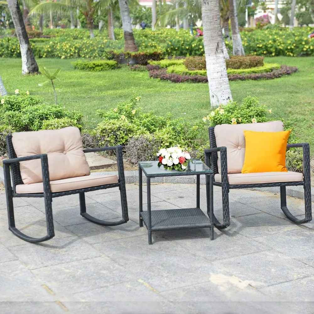 3 Pieces Patio Wicker Rocking Set, Outdoor Rocking Chairs and Table Set with Cushions, Glass Coffee Table with Storage Shelf
3 Pieces Patio Wicker Rocking Set, Outdoor Rocking Chairs and Table Set with Cushions, Glass Coffee Table with Storage Shelf