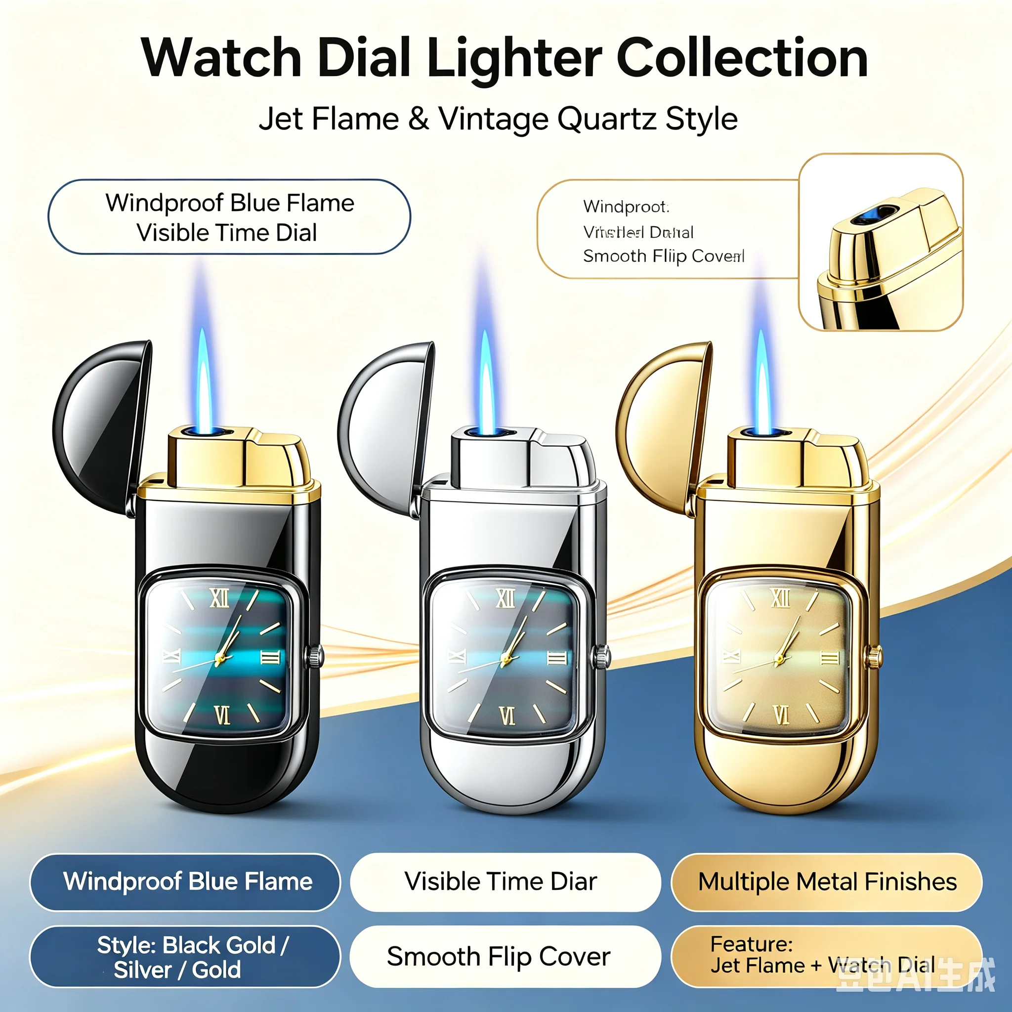 Outdoor Windproof Jet Flame Gas Lighter, Creative Watch Metal Design Special Cigar Cigarette Accessory for Male Smokers
Outdoor Windproof Jet Flame Gas Lighter, Creative Watch Metal Design Special Cigar Cigarette Accessory for Male Smokers