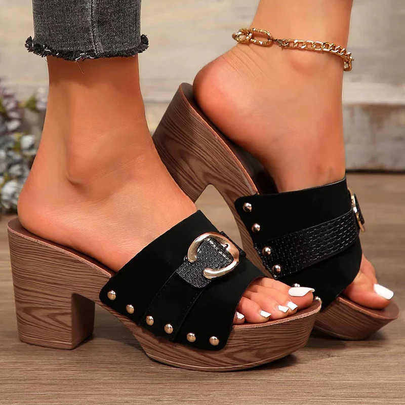 Wood High Heel Sandals for Women 2026 Summer Buckle Strap Chunky Platform Sandals Woman Rivet Thick Heeled Outdoor Slippers
Wood High Heel Sandals for Women 2026 Summer Buckle Strap Chunky Platform Sandals Woman Rivet Thick Heeled Outdoor Slippers