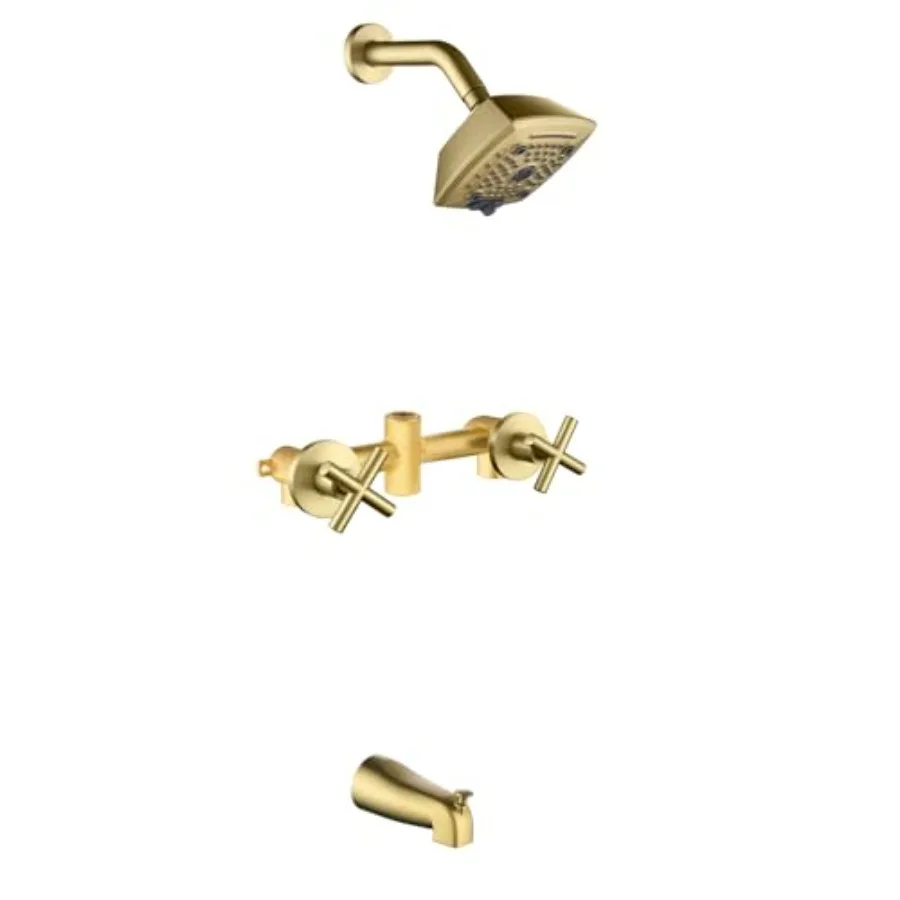 Bathroom shower faucet set with tub spout, brushed gold finish, brass construction, 6-spray shower head, ergonomic handle desig
Bathroom shower faucet set with tub spout, brushed gold finish, brass construction, 6-spray shower head, ergonomic handle desig