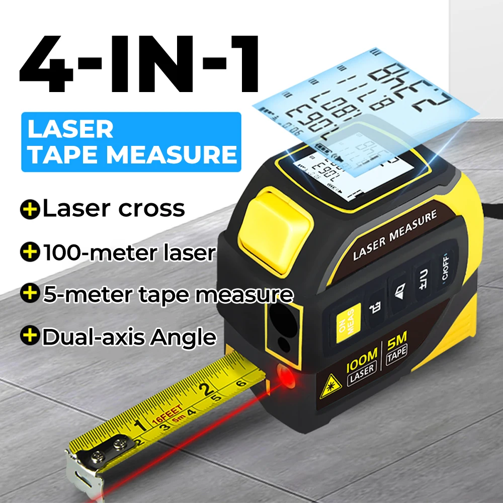 4 in1 Laser Tape Measure 40m 60m100m Rangefinder 5M Tape Measurement LCD Power Display Electronic Ruler Laser Measure Power Tool
4 in1 Laser Tape Measure 40m 60m100m Rangefinder 5M Tape Measurement LCD Power Display Electronic Ruler Laser Measure Power Tool