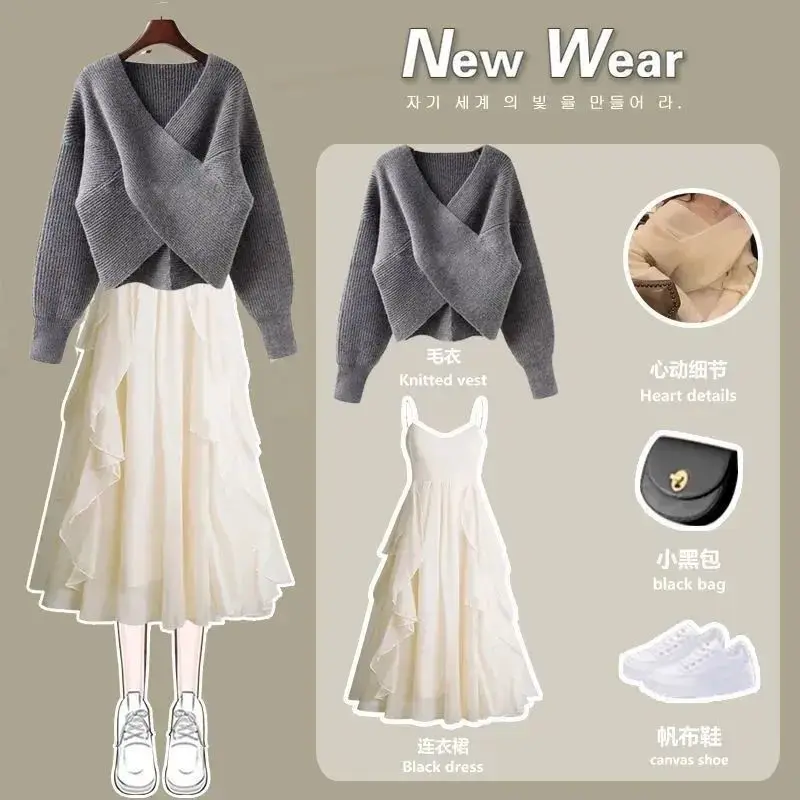 Spring Autumn Suit Women's Korean New Fashion Cross Knitted Sweater Age Reducing Sling Dress Two Piece Set
Spring Autumn Suit Women's Korean New Fashion Cross Knitted Sweater Age Reducing Sling Dress Two Piece Set