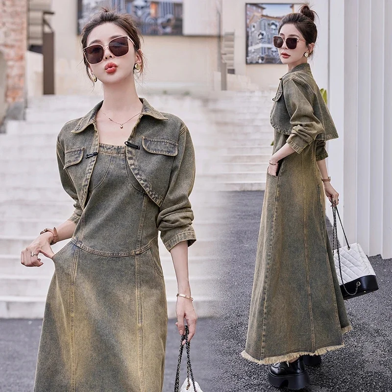 Интернет-уличная одежда, женские джинсовые комплекты, весна-осень, новая джинсовая короткая куртка в стиле ретро + длинные джинсы на подтяжках, платье, костюмы из двух предметов 
Интернет-уличная одежда, женские джинсовые комплекты, весна-осень, новая джинсовая короткая куртка в стиле ретро + длинные джинсы на подтяжках, платье, костюмы из двух предметов