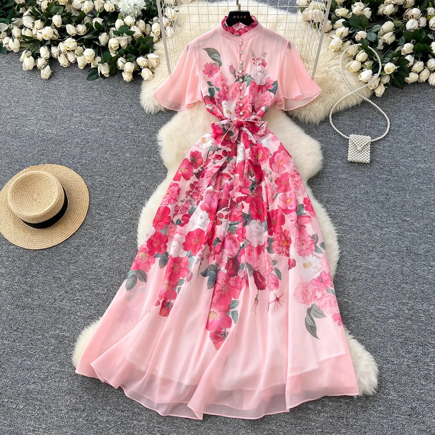 Summer Ruffles Chiffon Holiday Chiffon Dress Women's Stand Batwing Sleeve Gorgeous Floral Print Lace Up Belt Long Party Vestidos
Summer Ruffles Chiffon Holiday Chiffon Dress Women's Stand Batwing Sleeve Gorgeous Floral Print Lace Up Belt Long Party Vestidos