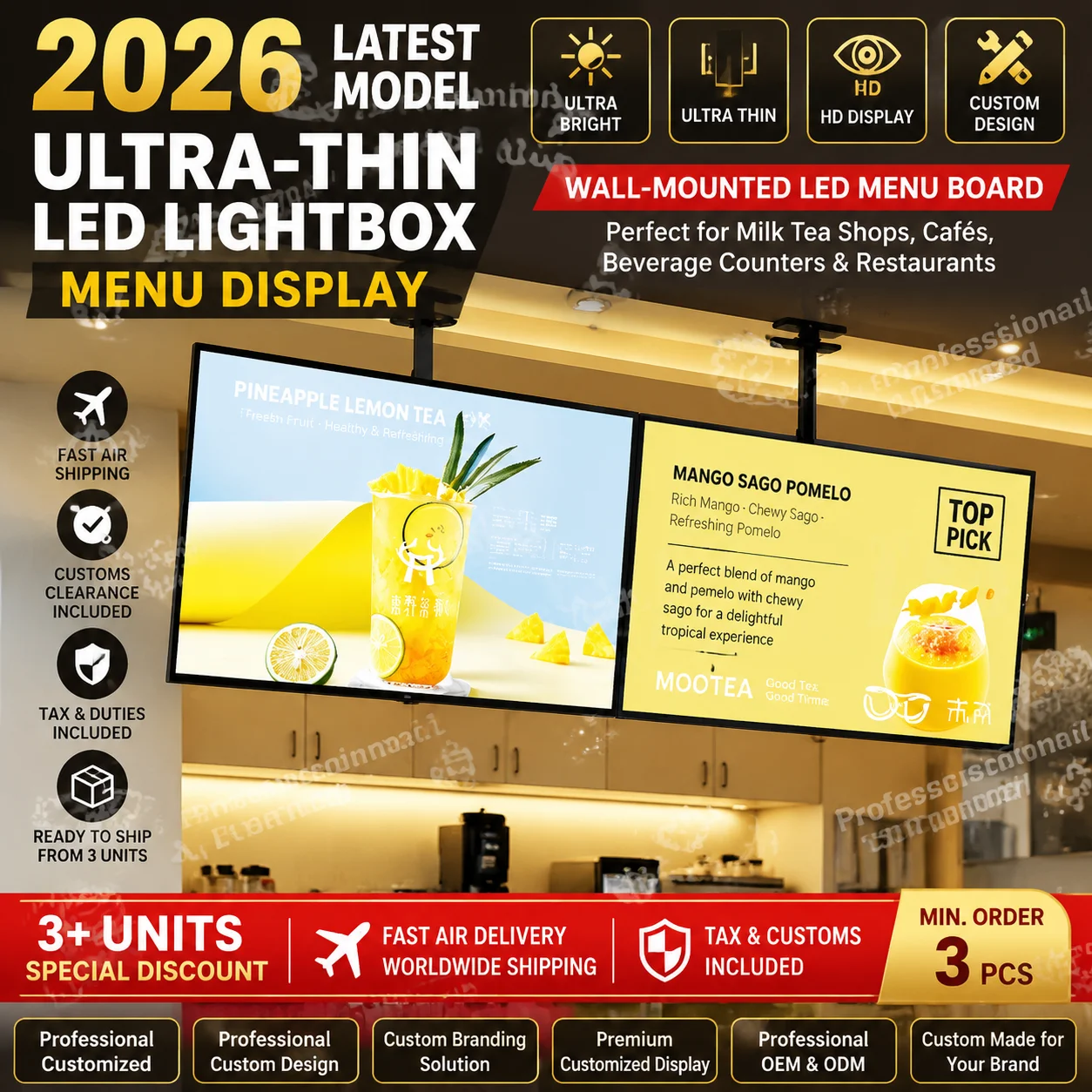 Ultra thin lightbox billboard hanging wall mounted LED illuminated ordering board milk tea shop bar counter TV menu display
Ultra thin lightbox billboard hanging wall mounted LED illuminated ordering board milk tea shop bar counter TV menu display