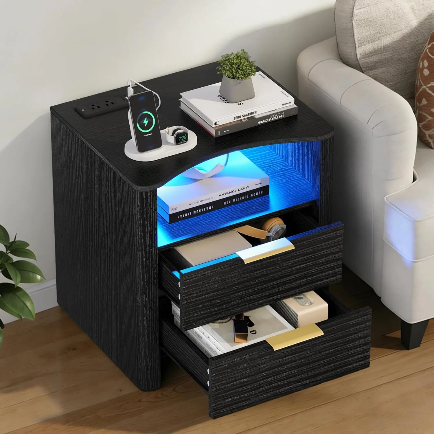 Black Fluted Nightstand With Led Lights And Charging Station - Led Night Stand With Gold Handle & Open Storage, Customized
Black Fluted Nightstand With Led Lights And Charging Station - Led Night Stand With Gold Handle & Open Storage, Customized