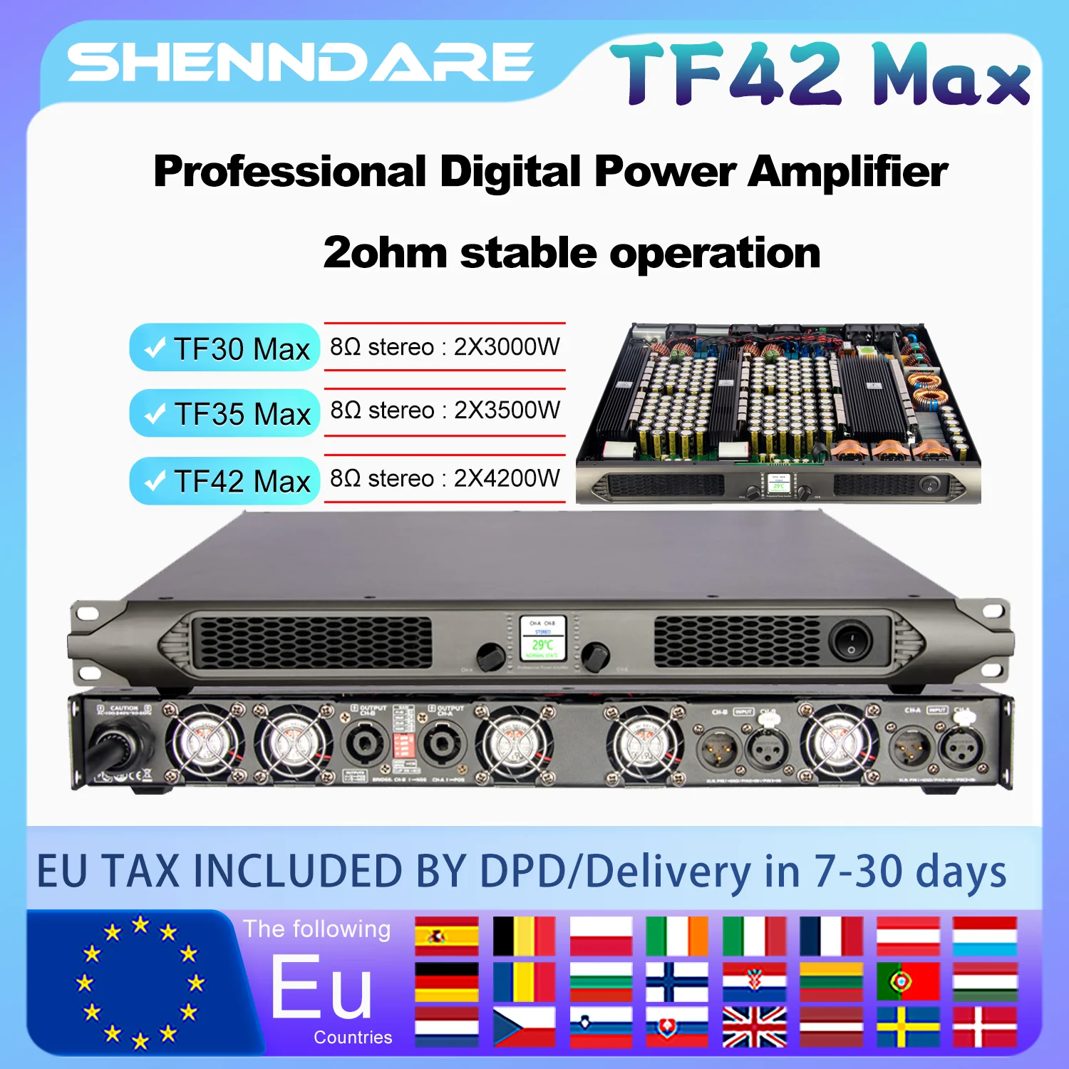 ShennDare Professional 2ohm Power Amplifier 2x8500W Stereo Audio Preamplifier 1U Class D Line Array Speaker Subwoofer Sound Ampl
ShennDare Professional 2ohm Power Amplifier 2x8500W Stereo Audio Preamplifier 1U Class D Line Array Speaker Subwoofer Sound Ampl