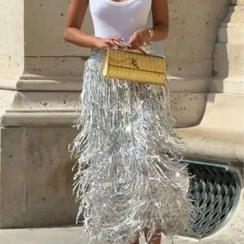 Fashionable Shiny Sequin TasselSkirt Women Heavy Vintage Elegant A-Line Party Skirt 2026 Spring Slimming Midi Dress
Fashionable Shiny Sequin TasselSkirt Women Heavy Vintage Elegant A-Line Party Skirt 2026 Spring Slimming Midi Dress