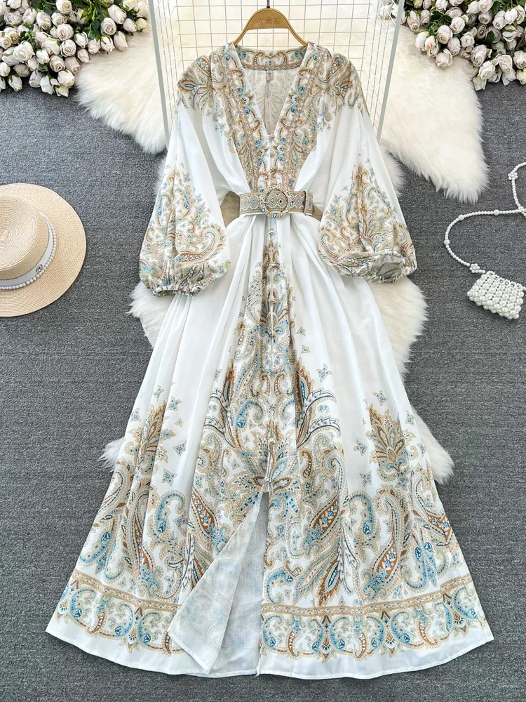 Women Elegant Long Dress Spring Autumn Lantern Long Sleeve V-neck Slim Party Dresses Ladies Single Breasted Print Long Robe
Women Elegant Long Dress Spring Autumn Lantern Long Sleeve V-neck Slim Party Dresses Ladies Single Breasted Print Long Robe