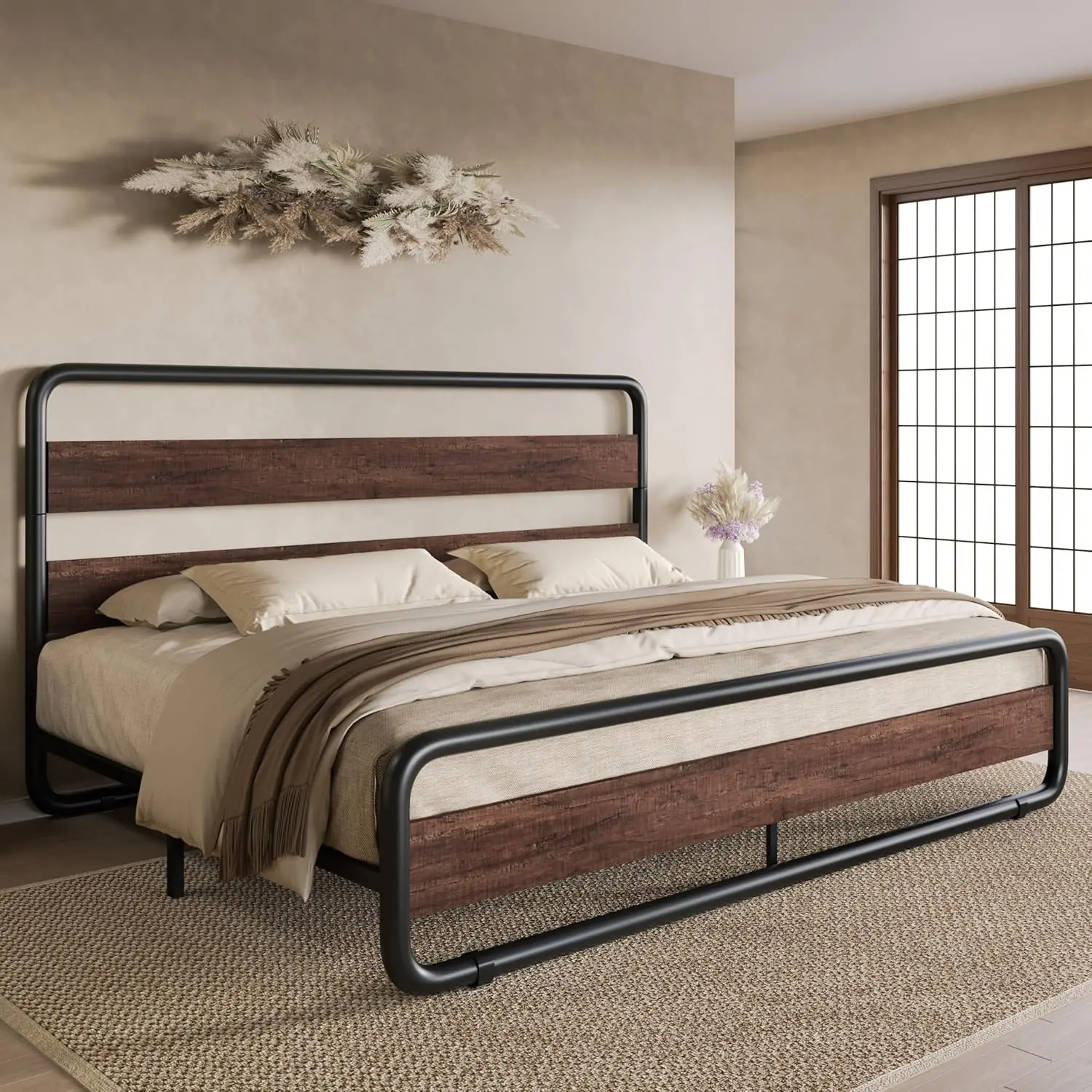 King Size Metal Bed Frame with Wooden Headboard and Footboard, Heavy Duty Platform Bed Frame with 10" Under-Bed Storage,
King Size Metal Bed Frame with Wooden Headboard and Footboard, Heavy Duty Platform Bed Frame with 10" Under-Bed Storage,