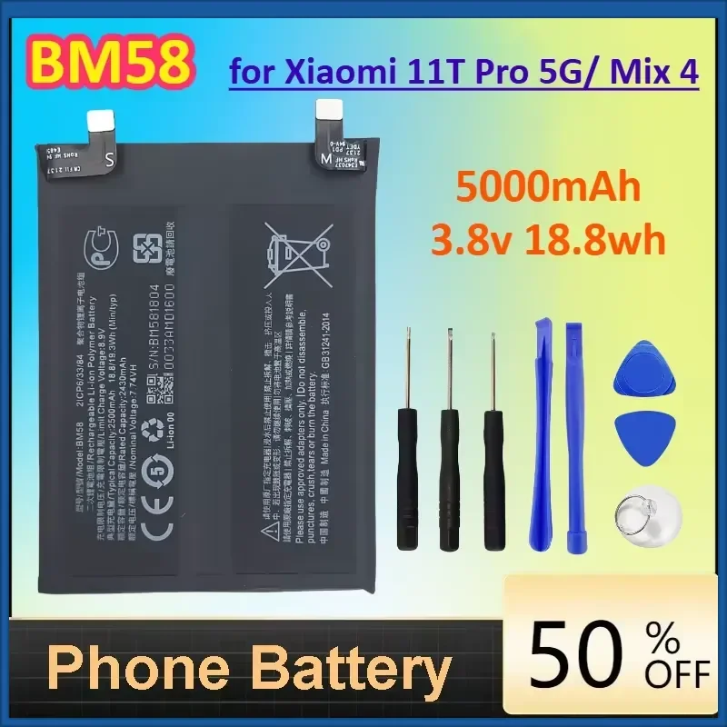BM58 5000mAh 3.8v 18.8wh Brand New Battery for Xiaomi 11T Pro 5G/ Mix 4 Phone Replacement Batteries+Tools
BM58 5000mAh 3.8v 18.8wh Brand New Battery for Xiaomi 11T Pro 5G/ Mix 4 Phone Replacement Batteries+Tools