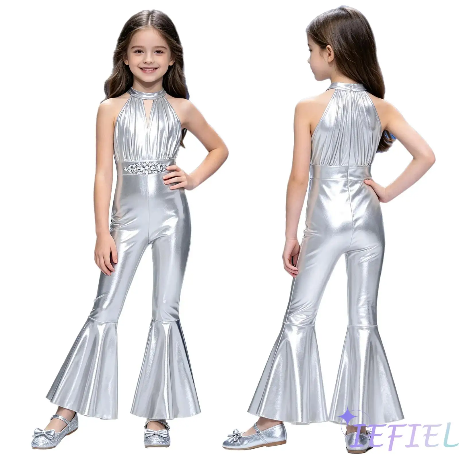 Girls Jazz Disco Jumpsuit Metallic Shiny Halter Front Keyhole Sleeveless Rhinestone Waist Detail Bell Bottoms Romper Streetwear
Girls Jazz Disco Jumpsuit Metallic Shiny Halter Front Keyhole Sleeveless Rhinestone Waist Detail Bell Bottoms Romper Streetwear