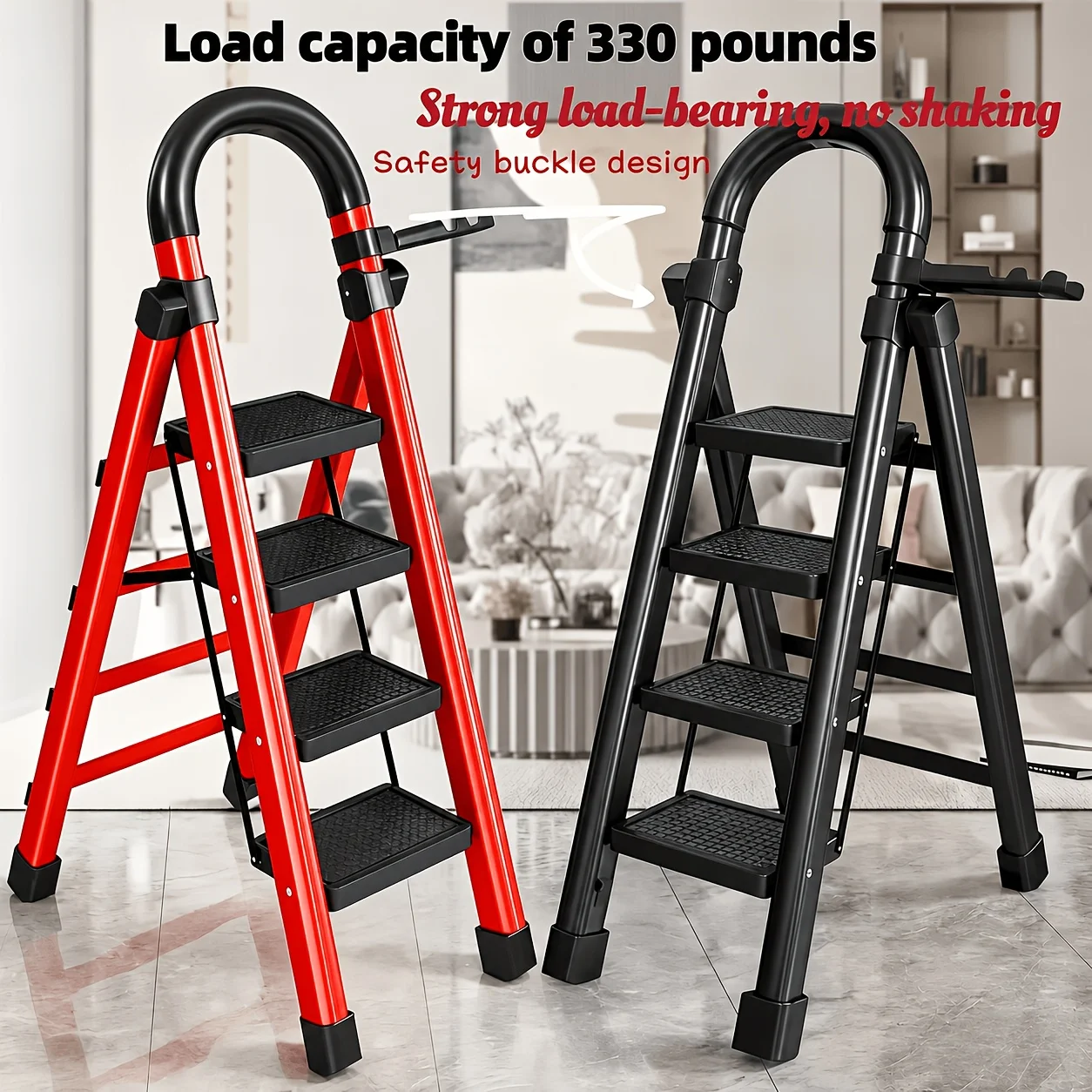 330lbs Load-bearing Folding Ladder | Heavy-duty Steel Step Stool with Anti-slip Wide Treads, Handrails, Safety Lock Design, Black And Red Color Scheme, Portable Multi-functional Ladder for Home And Kitchen Use-CVNU
330lbs Load-bearing Folding Ladder | Heavy-duty Steel Step Stool with Anti-slip Wide Treads, Handrails, Safety Lock Design, Black And Red Color Scheme, Portable Multi-functional Ladder for Home And Kitchen Use-CVNU