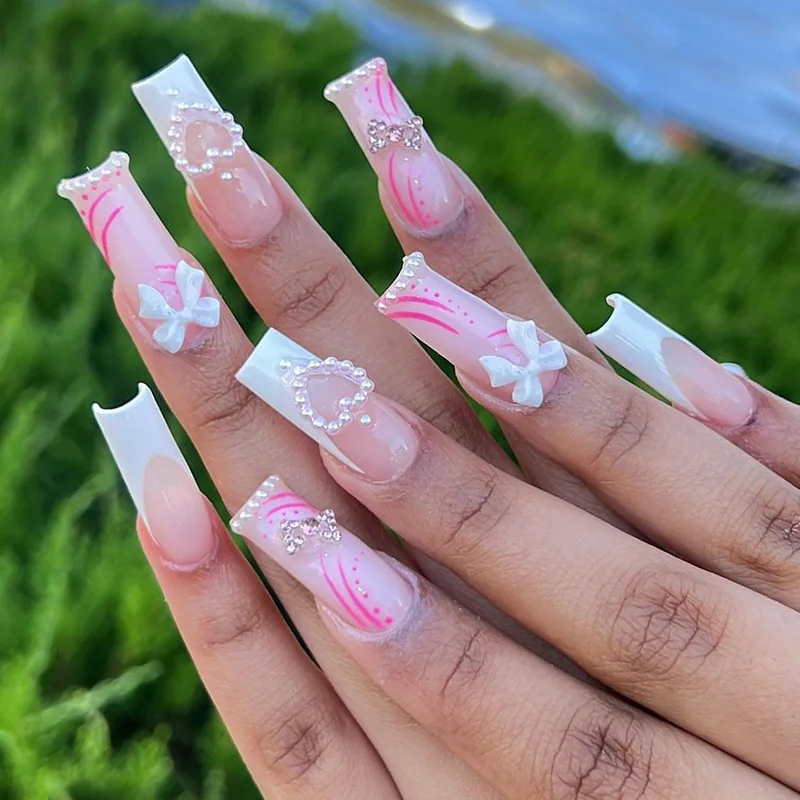 Press On Nails Finished Removable Rectangular French Pearl Heart Bow Rhinestone False Nails For Women Daily Party Nail Art
Press On Nails Finished Removable Rectangular French Pearl Heart Bow Rhinestone False Nails For Women Daily Party Nail Art