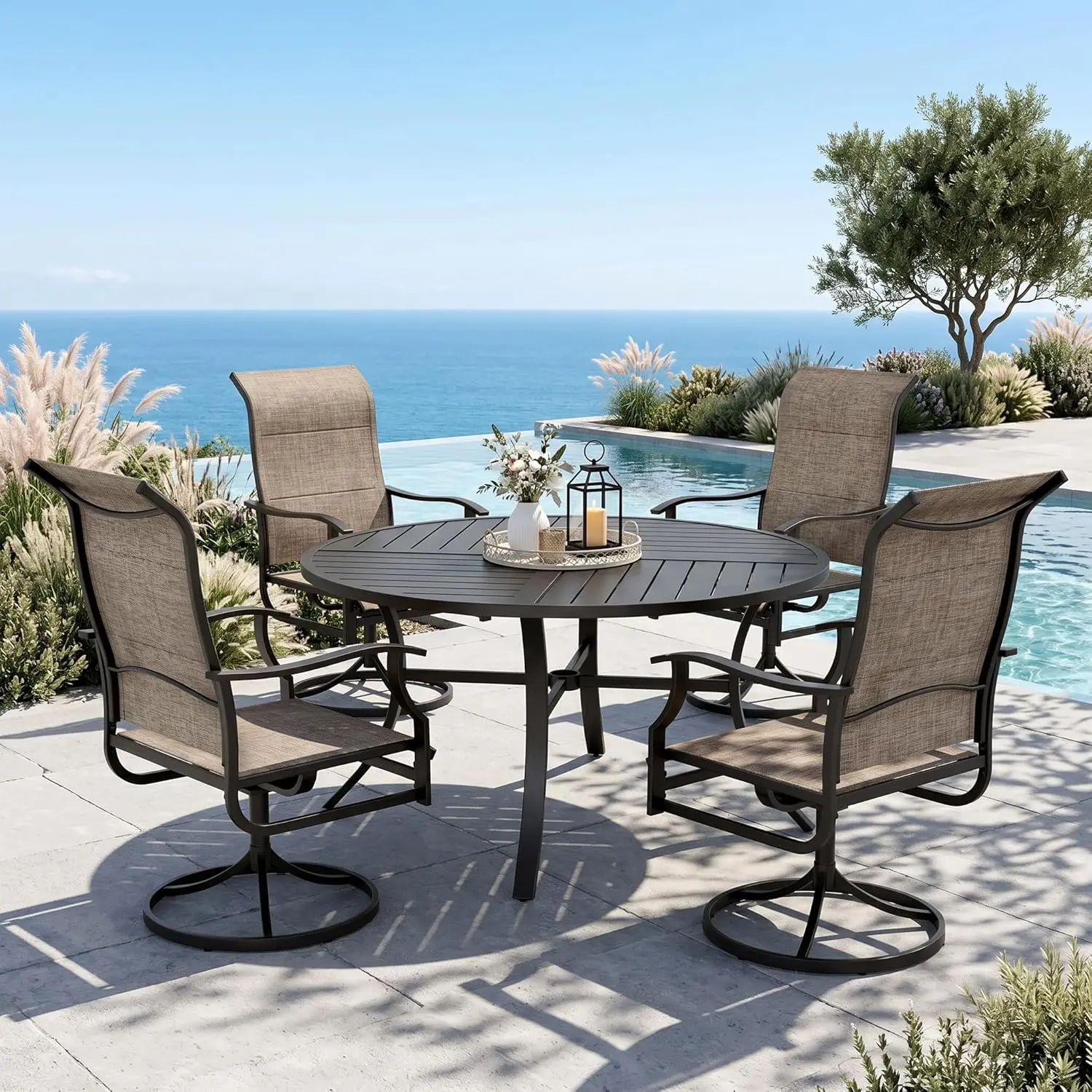 5 Pieces Patio Dining Set, Outdoor Table and Chairs, 1 x 42 Round Black Table and 4 x Textilene 360-Degree Swivel, Customized
5 Pieces Patio Dining Set, Outdoor Table and Chairs, 1 x 42 Round Black Table and 4 x Textilene 360-Degree Swivel, Customized