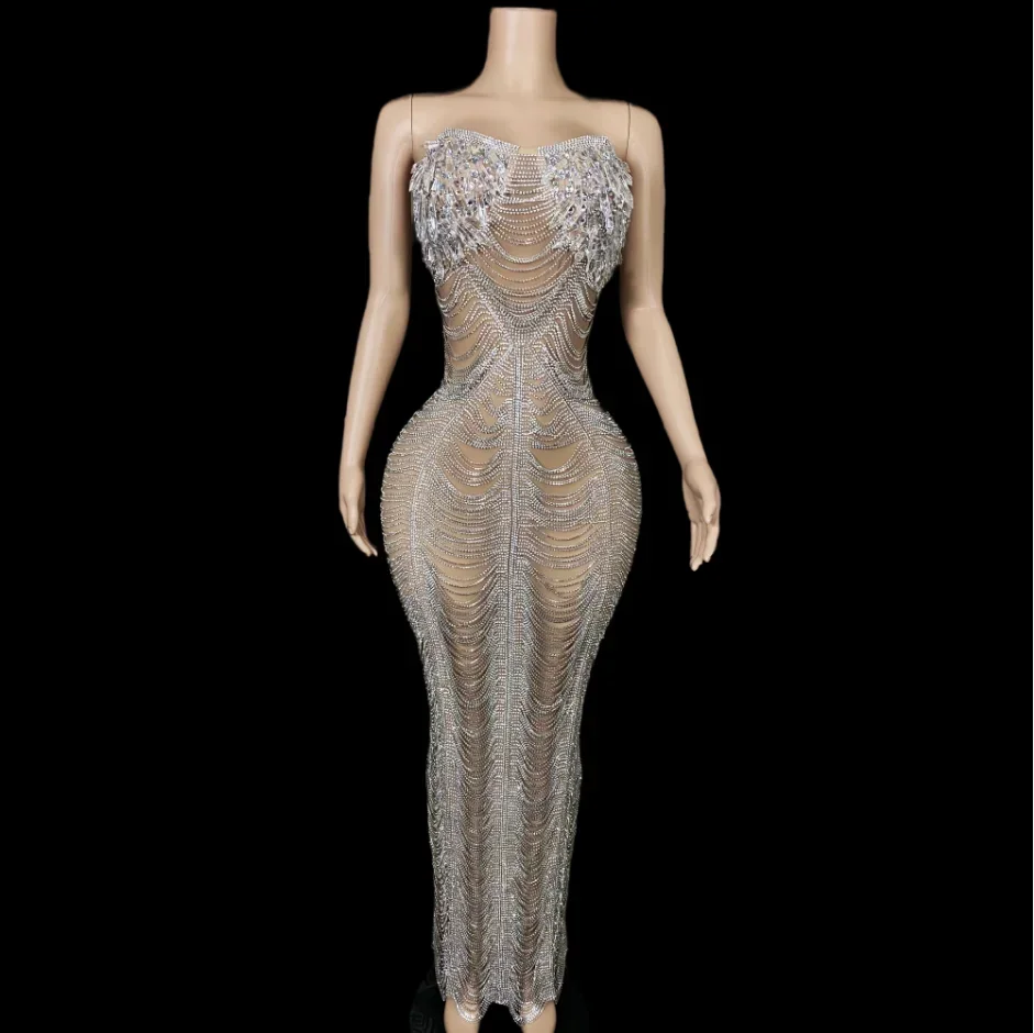 Silver Crystals Chains Rhinestones Luxurious Dress Sexy Transparent Outfit Dance Stage Wedding Nightclub Handmade Costume ailisi
Silver Crystals Chains Rhinestones Luxurious Dress Sexy Transparent Outfit Dance Stage Wedding Nightclub Handmade Costume ailisi