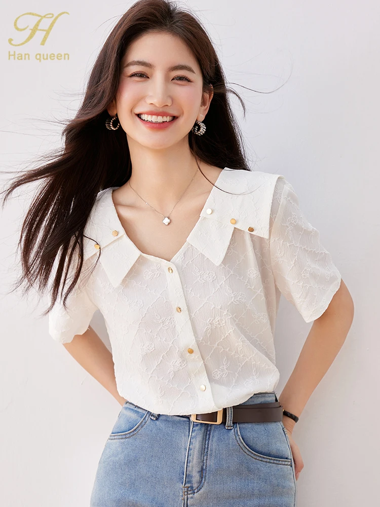 H Han Queen Fashion Short Sleeve Casual White Loose Women Blouses Jacquard Chiffon Vintage Office Blouse Summer Shirt Simple Top
H Han Queen Fashion Short Sleeve Casual White Loose Women Blouses Jacquard Chiffon Vintage Office Blouse Summer Shirt Simple Top