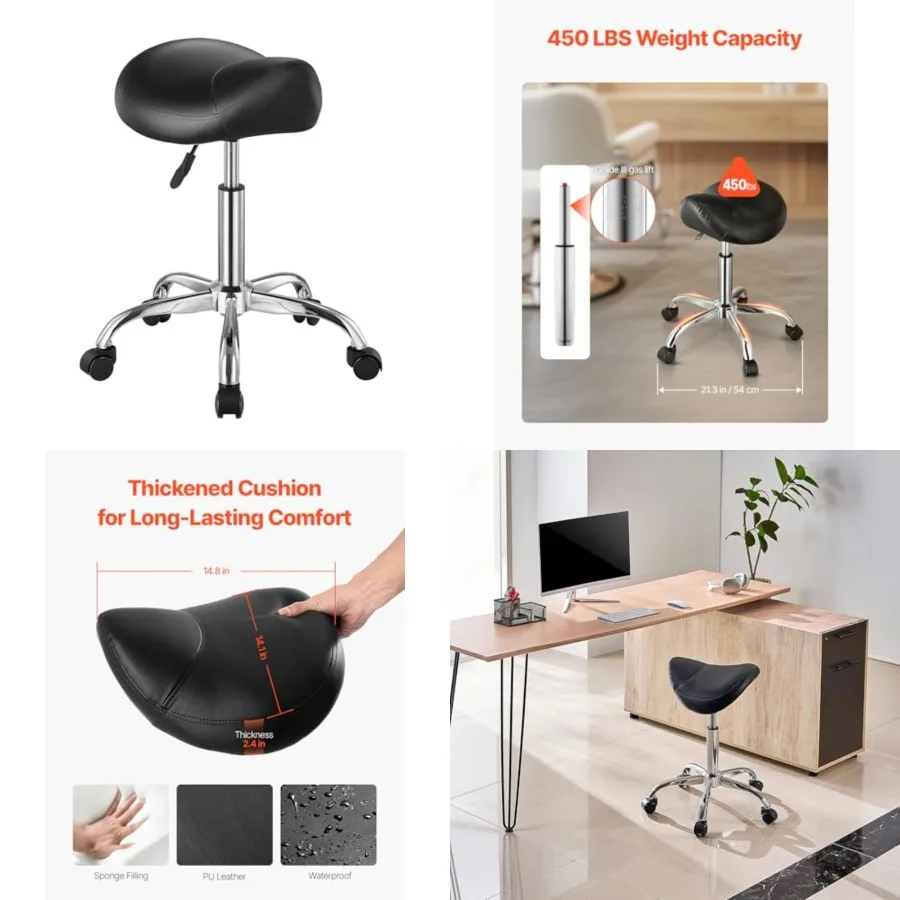 Saddle Stool with Wheels, 450 LBS Weight Capacity Ergonomic Rolling Stool, Height Adjustable Thickened PU Leather Swivel Saddle
Saddle Stool with Wheels, 450 LBS Weight Capacity Ergonomic Rolling Stool, Height Adjustable Thickened PU Leather Swivel Saddle