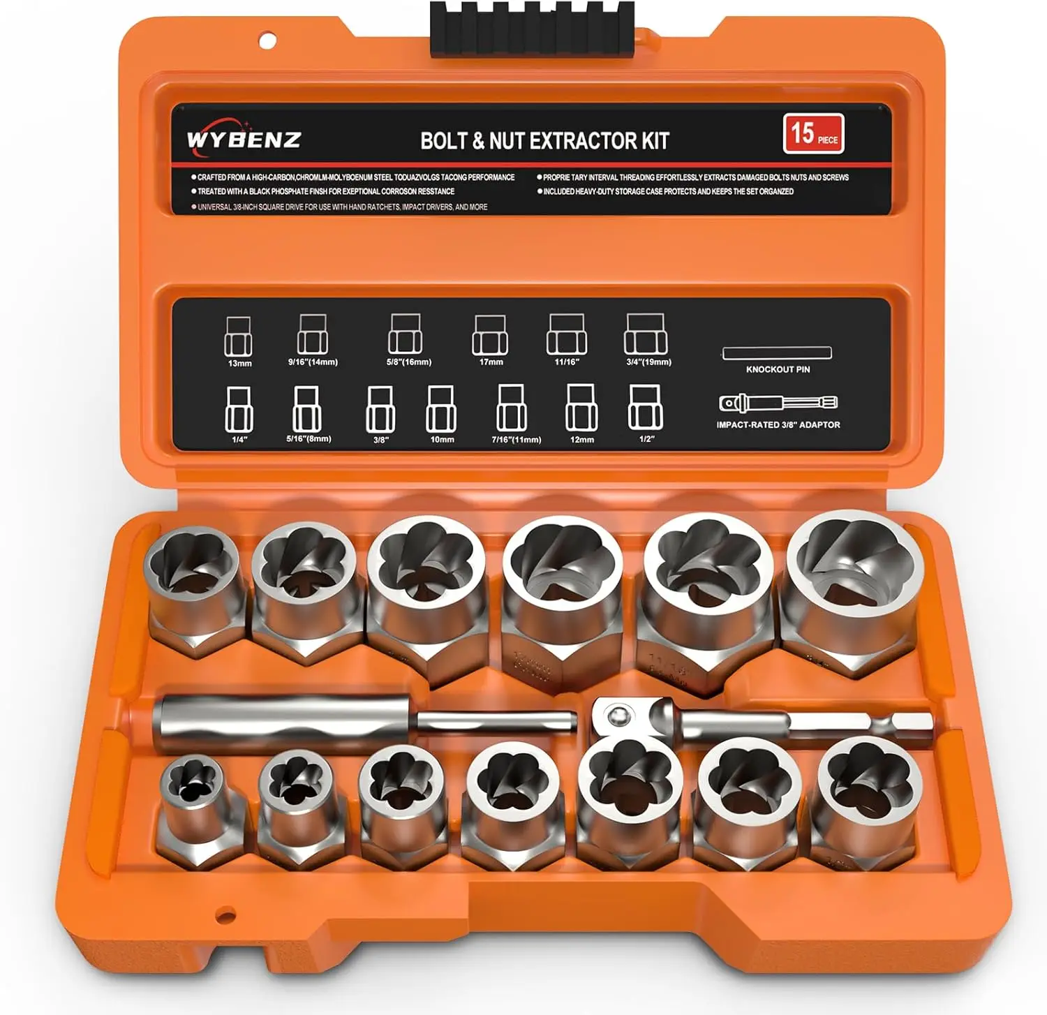 15 PCS Bolt Extractor Set, 3/8" Drive Impact Socket Tool Kit for Broken, Damaged, Rusted, Rounded Bolts & Nuts
15 PCS Bolt Extractor Set, 3/8" Drive Impact Socket Tool Kit for Broken, Damaged, Rusted, Rounded Bolts & Nuts