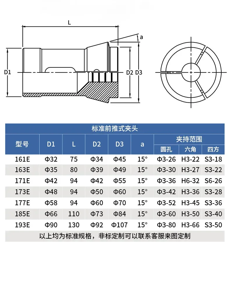 173E Токарный станок с ЧПУ вперед, выдвижной пружинный цанговый патрон E173 DIN 6343 F48 B42 Зажимной патрон мертвой длины с круглым квадратным шестигранным отверстием
173E Токарный станок с ЧПУ вперед, выдвижной пружинный цанговый патрон E173 DIN 6343 F48 B42 Зажимной патрон мертвой длины с круглым квадратным шестигранным отверстием