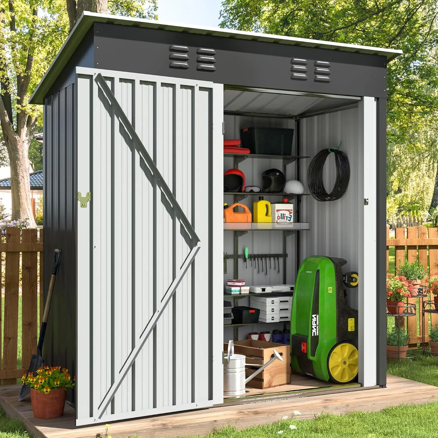 4.5x2.5FT Large Garden Shed with Updated Frame Structure and Lockable Doors, Metal Tool Sheds for Backyard Garden Patio Lawn,
4.5x2.5FT Large Garden Shed with Updated Frame Structure and Lockable Doors, Metal Tool Sheds for Backyard Garden Patio Lawn,
