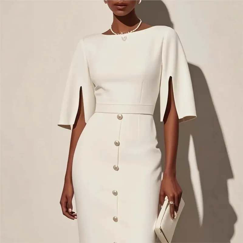 Summer Fashion O Neck Split Women Dress Elegant Solid Slim Button Party Dress Casual short Sleeve High Waist Office Lady Dresses
Summer Fashion O Neck Split Women Dress Elegant Solid Slim Button Party Dress Casual short Sleeve High Waist Office Lady Dresses