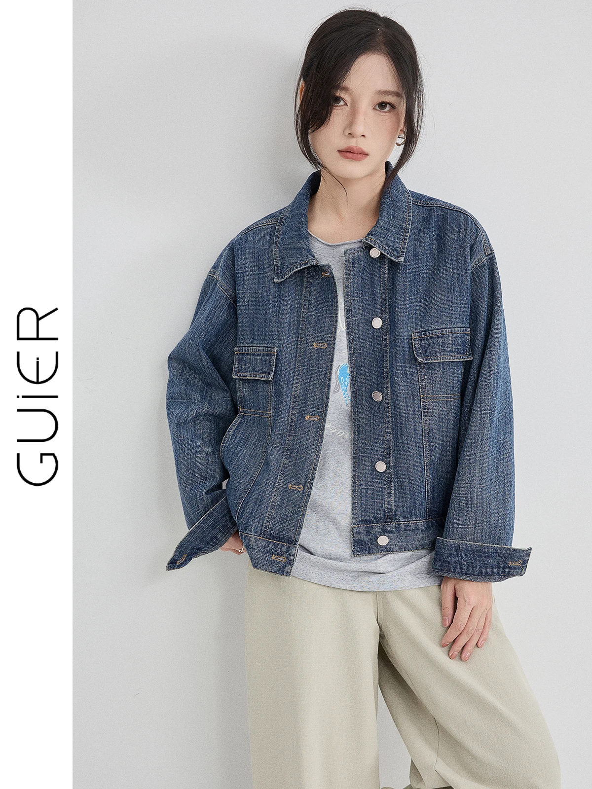 Guier Retro Blue Denim Jaet Women's Loose Fit Casual Top Spring Design Slimming Outerwear Long Sve Button Closure
Guier Retro Blue Denim Jaet Women's Loose Fit Casual Top Spring Design Slimming Outerwear Long Sve Button Closure