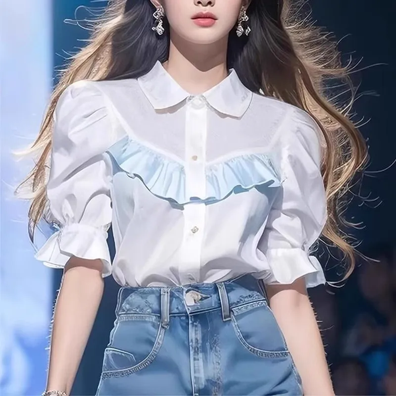 Summer New Patchwork Color Ruffles Casual Loose Women's Wear Short Sleeve Office Lady Turn-Down Collar Single Breasted Shirt
Summer New Patchwork Color Ruffles Casual Loose Women's Wear Short Sleeve Office Lady Turn-Down Collar Single Breasted Shirt