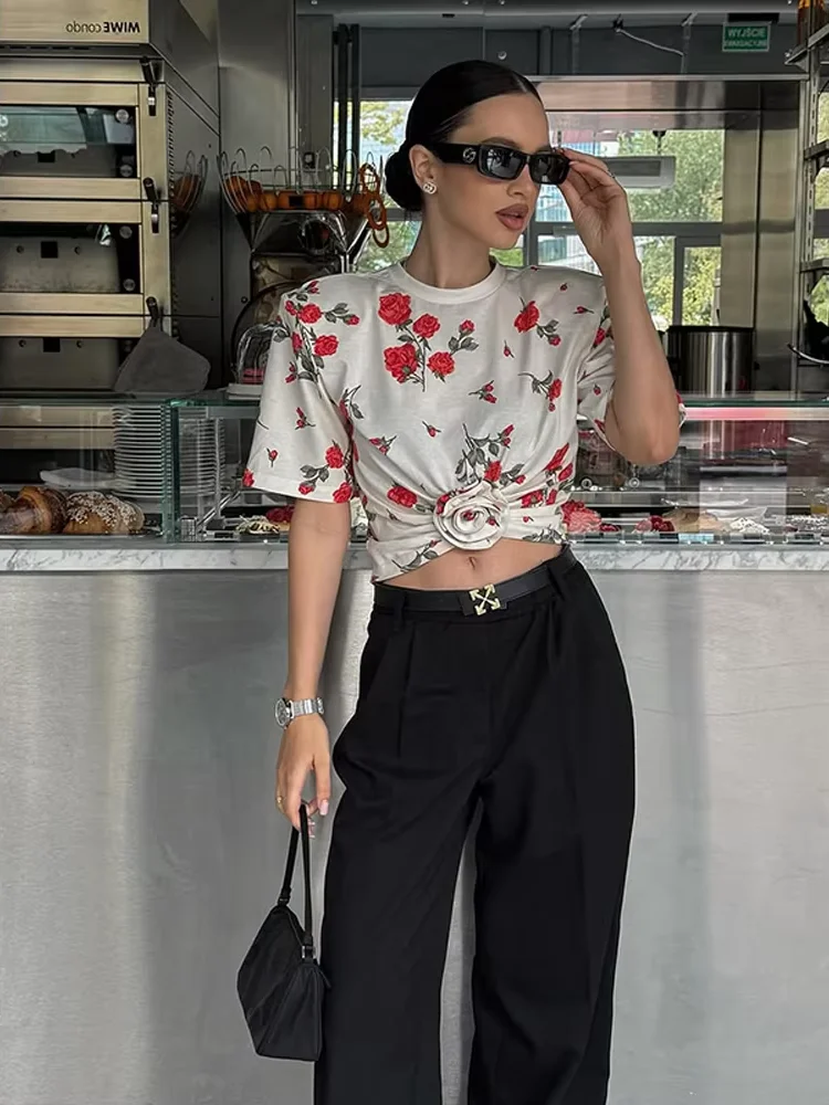 3d Flower Waist-leaked Top Women's Elegant O-neck T-shirt Fashion 2025 Summer Short Sleeve Shoulder Pad Streetwear Short Tops
3d Flower Waist-leaked Top Women's Elegant O-neck T-shirt Fashion 2025 Summer Short Sleeve Shoulder Pad Streetwear Short Tops
