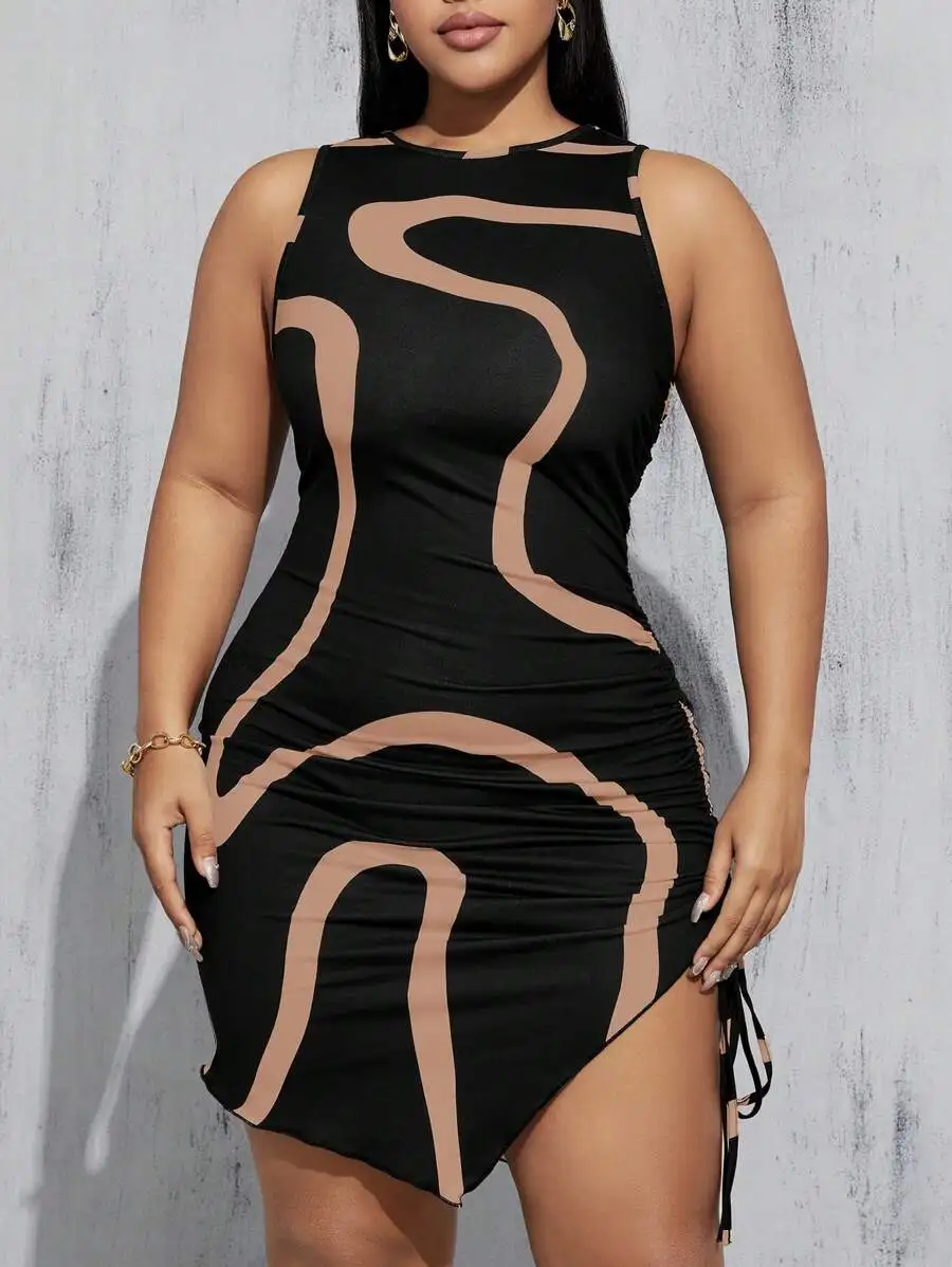 Plus Size Womens Bodycon Dress With Asymmetrical Print And Drawstring Waist
Plus Size Womens Bodycon Dress With Asymmetrical Print And Drawstring Waist