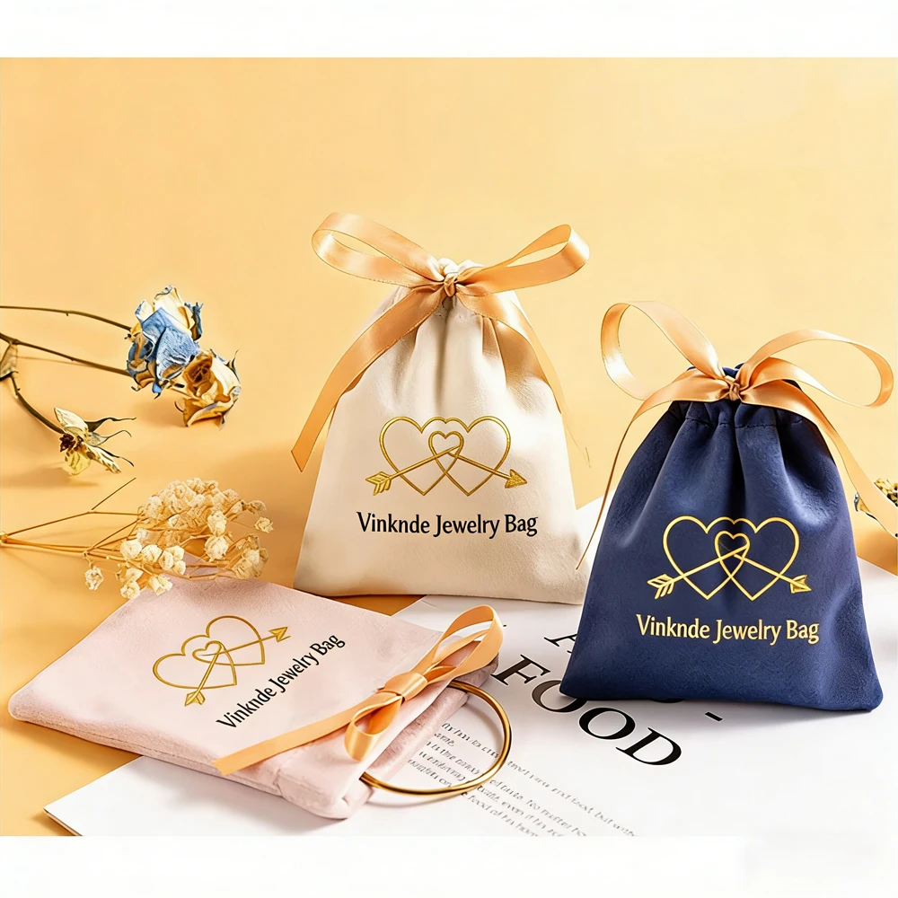 50pack Custom Logo Jewelry Packaging Bags Earrings Velvet Drawstring Gift Pouch Wedding Bracelets Storage Sack with Gold Ribbon